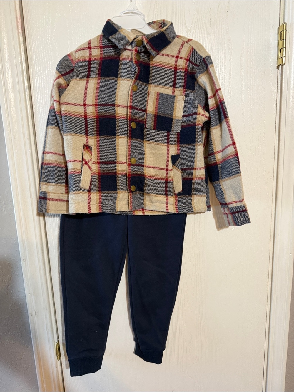 Kids Plaid Shacket and Navy Jogger Matching Set - Beige/Navy